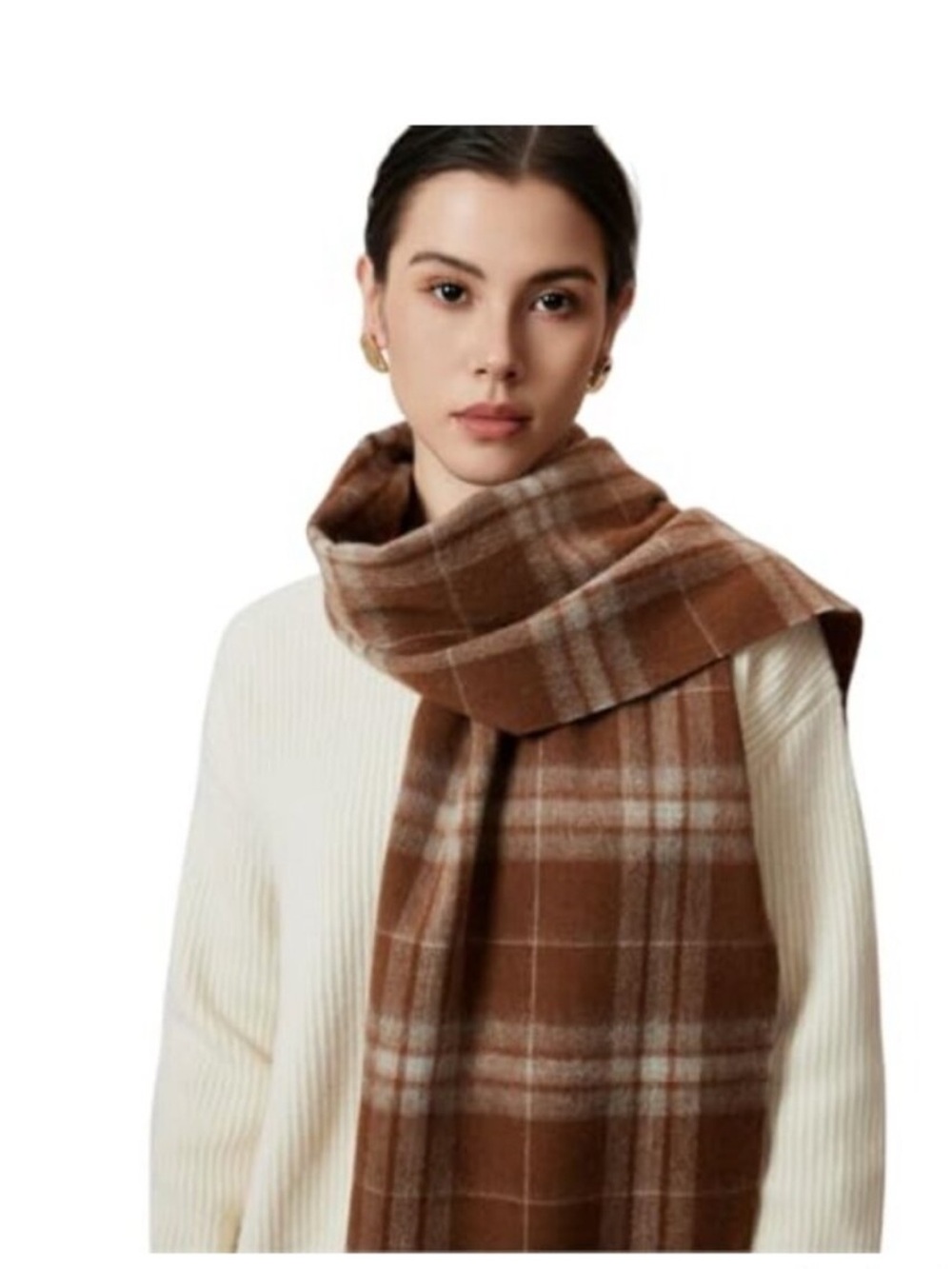 Wool Blend Plaid Scarf with Tassels Oversized Wrap Shawl for Women